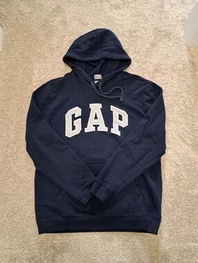 GAP Men's Navy Blue Hoodie Grey Logo Size Medium Pullover Casual Unisex